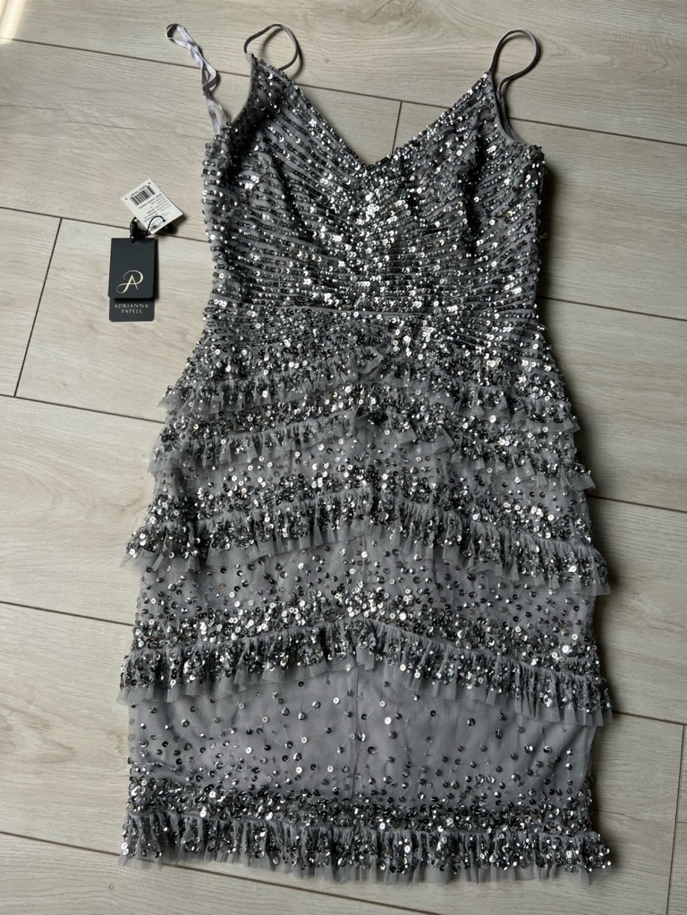 NWT Adrianna Papell Silver Sequin Tiered Fringe Mini Dress
